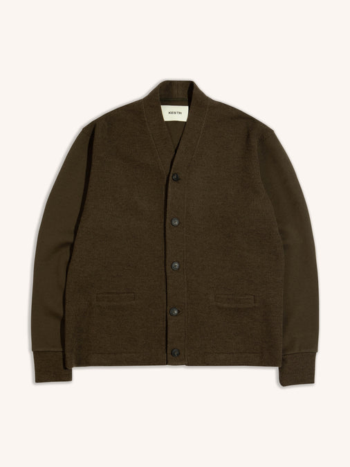 A knitted green cardigan by premium menswear brand KESTIN, in an olive green.
