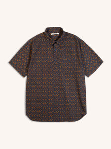 A men's short sleeve shirt in navy blue with a floral print.