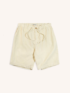 A pair of men's shorts made from an off-white cotton corduroy. 