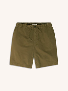 A pair of olive green chino shorts on a white background.