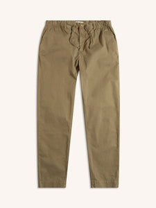 A pair of olive green men's trousers, in a slim fit, on a white background.
