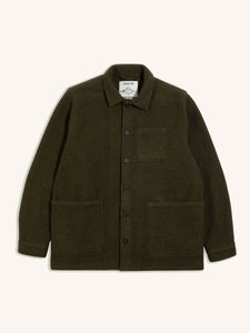 A dark green, woollen chore coat, designed by premium menswear brand KESTIN.