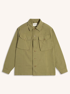 A fatigue-style jacket in a green ripstop material, on a white background.