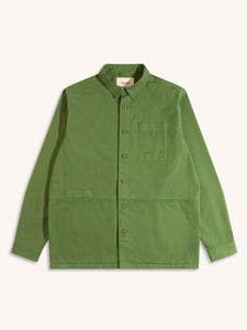 A chore coat-style overshirt in fern green, on a white background.