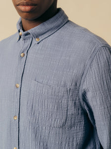The collar and chest pocket of the KESTIN Raeburn Shirt in French Blue.