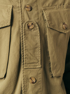 A close-up of the front of the KESTIN Redford Jacket in Military Green.