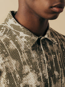 A close-up of the KESTIN Ormiston Jacket in a green camo weave.