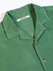 A close-up of the collar of the KESTIN Tain Shirt in Fern Green.