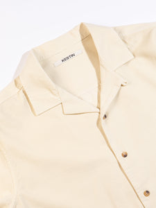The open collar of the KESTIN Tain Shirt, in Organic Cotton Corduroy.
