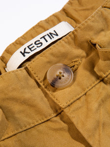 The branded button to the fly of the KESTIN Inverness Shorts.
