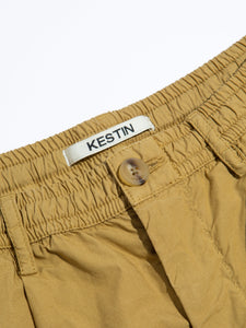 A close-up of the fly and waistband of the KESTIN Mhor Shorts in Tan.